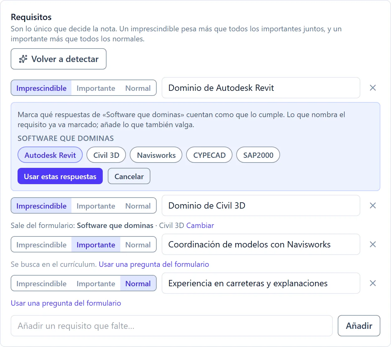 Lista de respuestas con la opción que nombra el requisito ya marcada