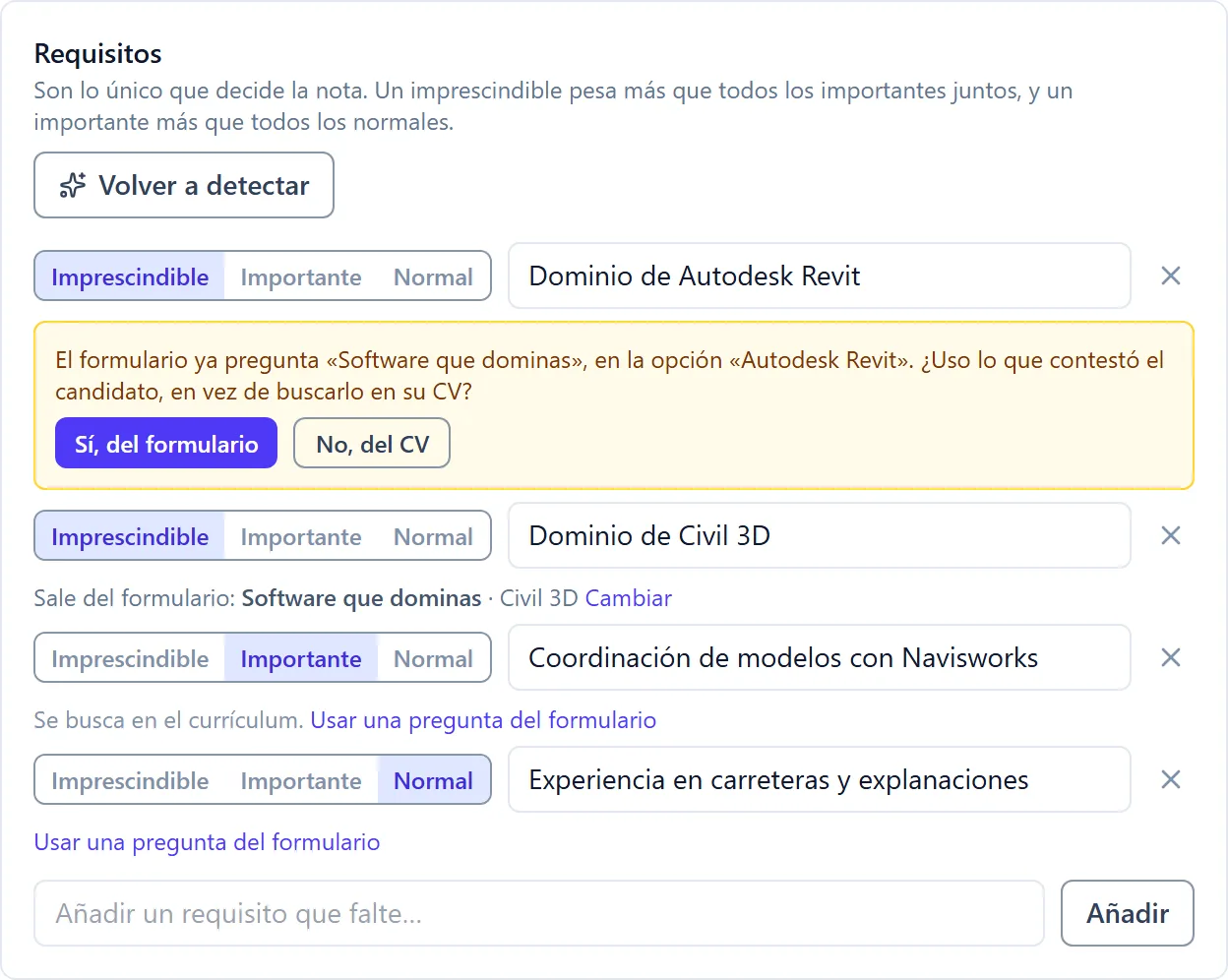 Aviso de que el formulario ya pregunta lo mismo que un requisito