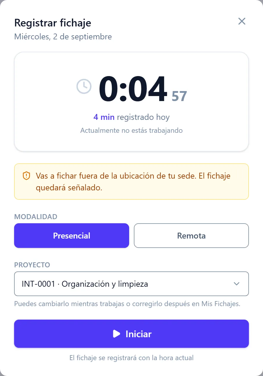 Aviso de fichaje fuera de la ubicación de la sede en la ventana de fichaje