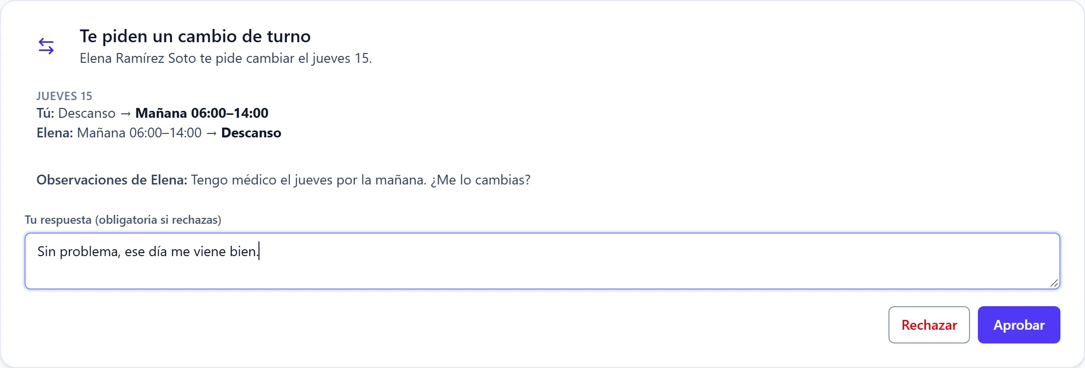 La tarjeta de Inicio con Aprobar y Rechazar