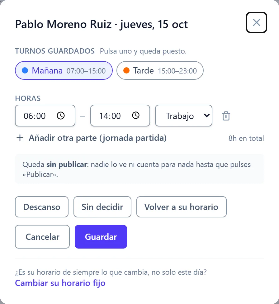 El editor de una casilla: turnos guardados, las horas y los botones Descanso y Sin decidir