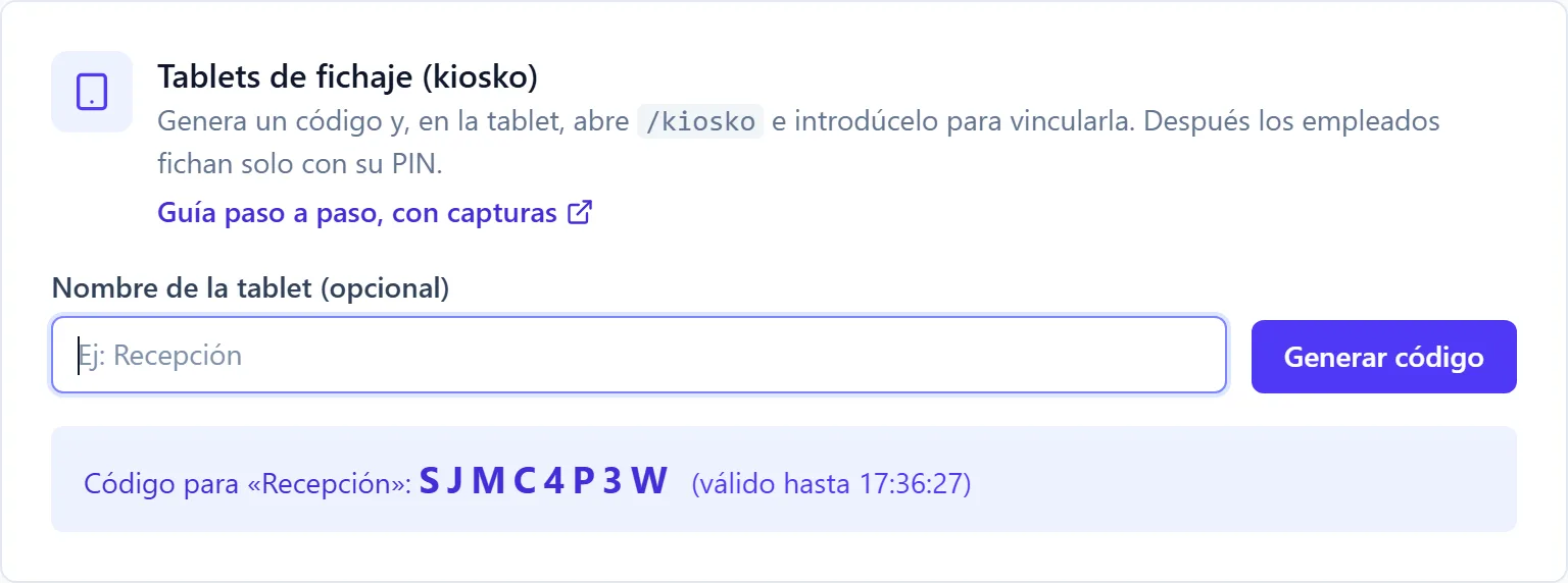 Código de vinculación generado para la tablet «Recepción»