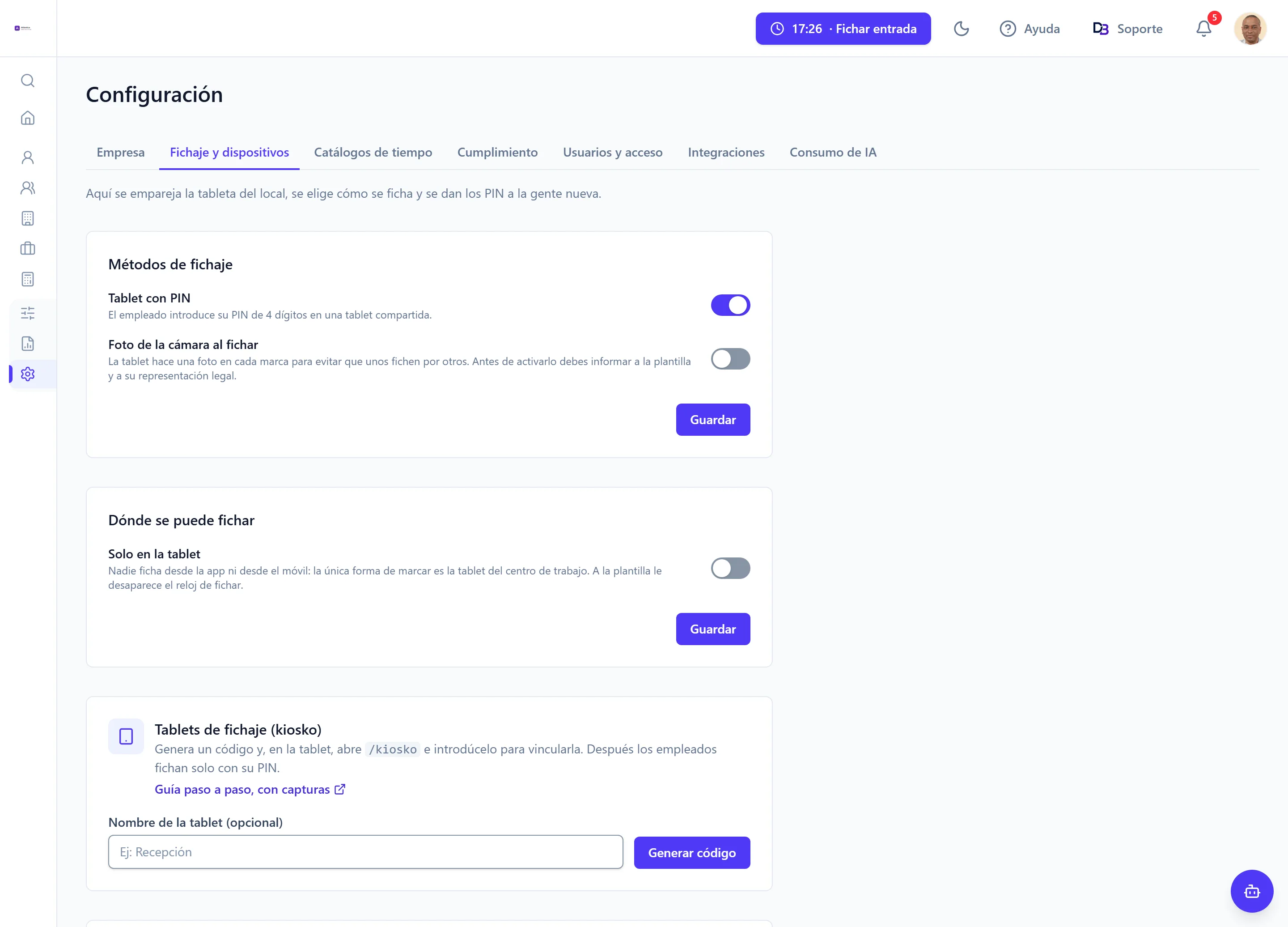 La pestaña Fichaje y dispositivos de Configuración