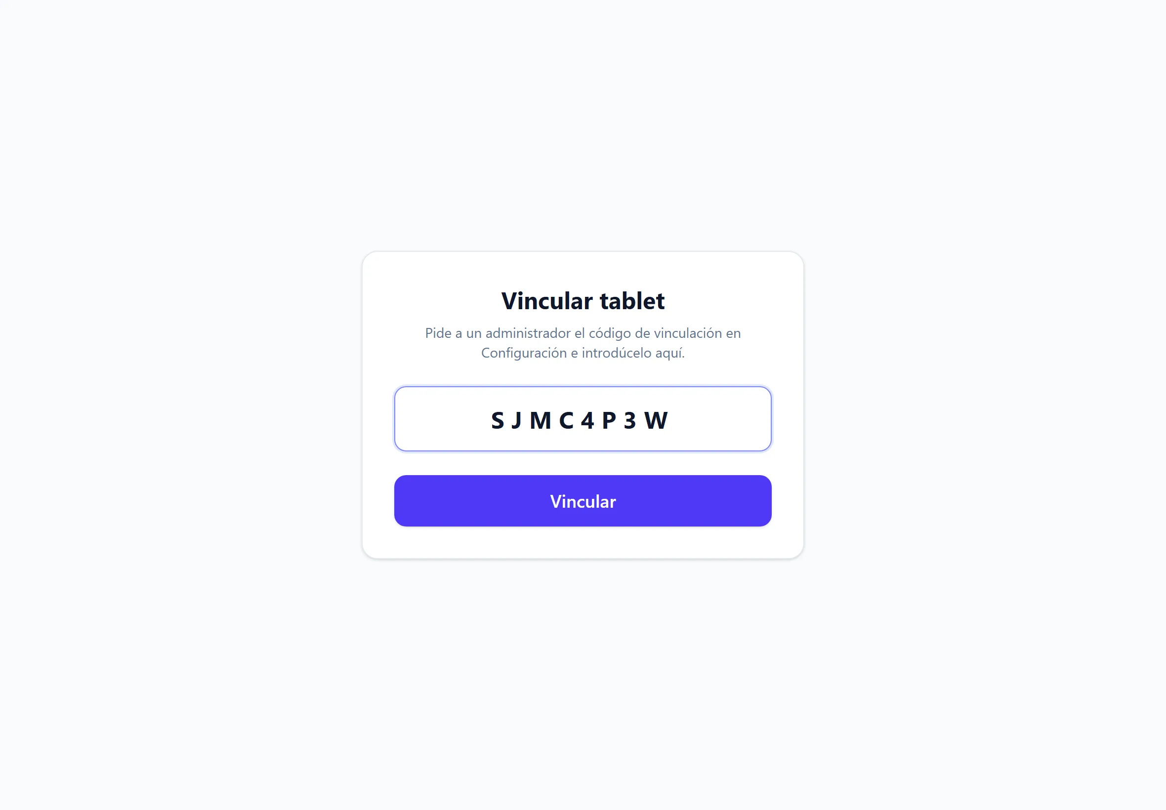 Pantalla Vincular tablet con el código tecleado