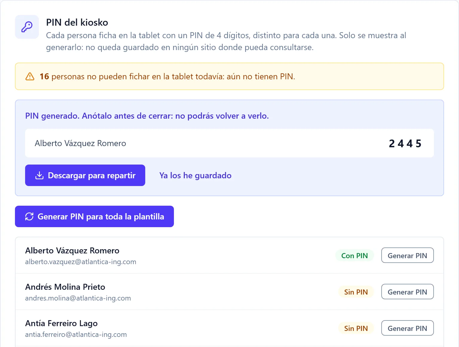 La lista de PIN del kiosko, con un PIN recién generado